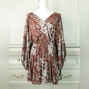 Free People Brown Beige Floral Surplice Batwing Sleeve Mini Dress Womens Small